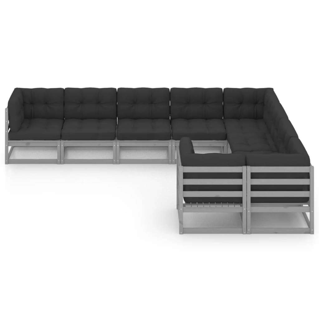 9-tlg. Garten-Lounge-Set mit Kissen Grau Kiefer Massivholz